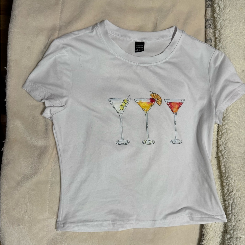 SHEIN White Tee with Colorful Cocktail Design